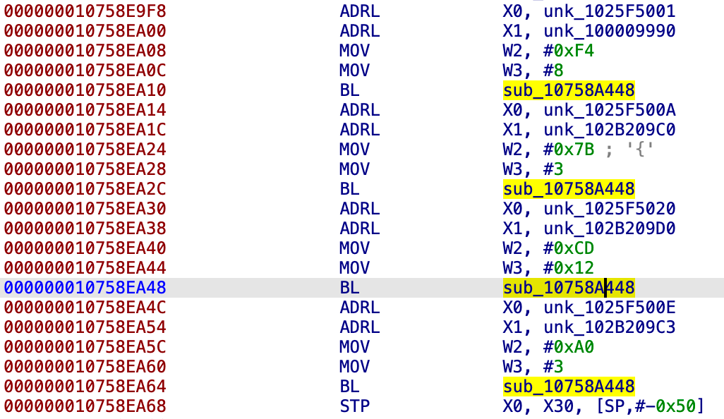 Instances where the suspect function (10758A448) is called